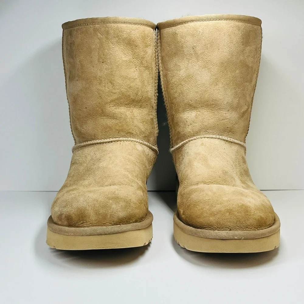 UGG Classic Short Metallic Heel Boots Women Size 10 Sand Gold Suede 1019030